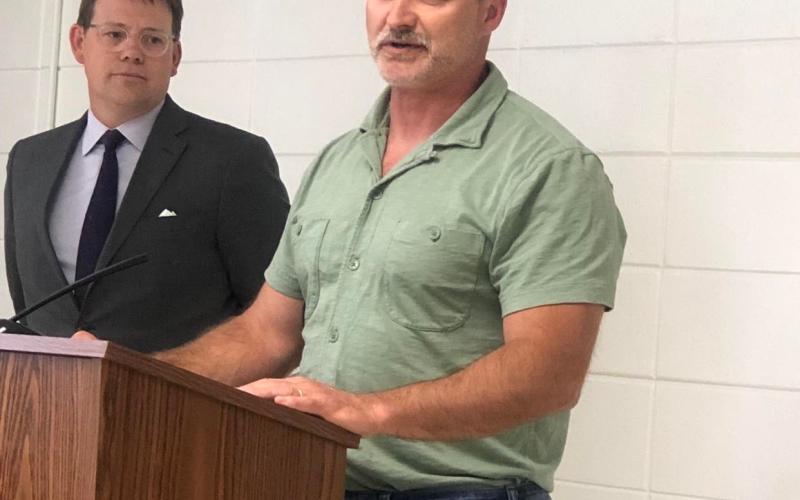Lorrie Ross • Clay County Progress Clay County Board of Education chairman Dr. Jason Shook expressed his gratitude for the state grant which will build a new school for Clay County. Clay School Superintendent Dale Cole listens nearby.