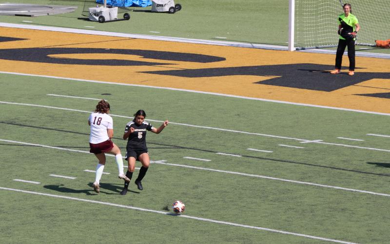 Deby Jo Ferguson • Clay County Progress Mariana Rios No. 5 blocks Swain’s attempt to score a goal.