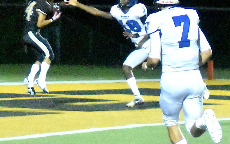 Gary Corsair • Clay County Progress Michael Mauney gathers in a 26-yard pass from Logan Caldwell to pull Hayesville within a point.