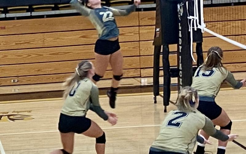 Chad Stack • Clay County Progress No. 22 Senior Katie Pierce with a big Spike at the net.