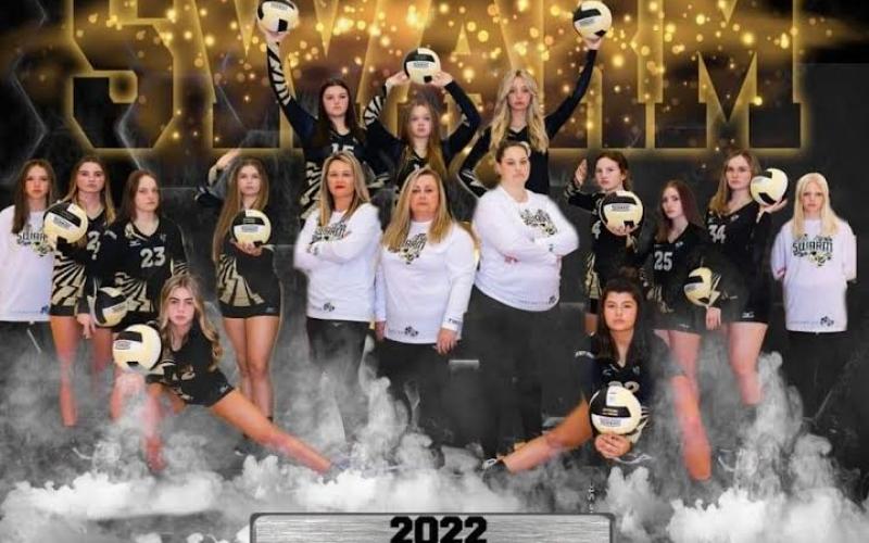 Hayesville High School Junior Varsity Volleyball presently hold a 10-7 overall record and 2-4 in conference play. Front, from left, are Skylard Lockaby and Lilly Dockery, middle, from left, Addison Sorrells, Ava Shook, Madison Graves, Bryleigh Krieger, Asst. Coach Julie Ledford, Coach Tammy Dills, Asst. Coach Larkin Giddens, Oliva Giddens, Brooke Daniels, Felicia Falk and Daylyn Murray.