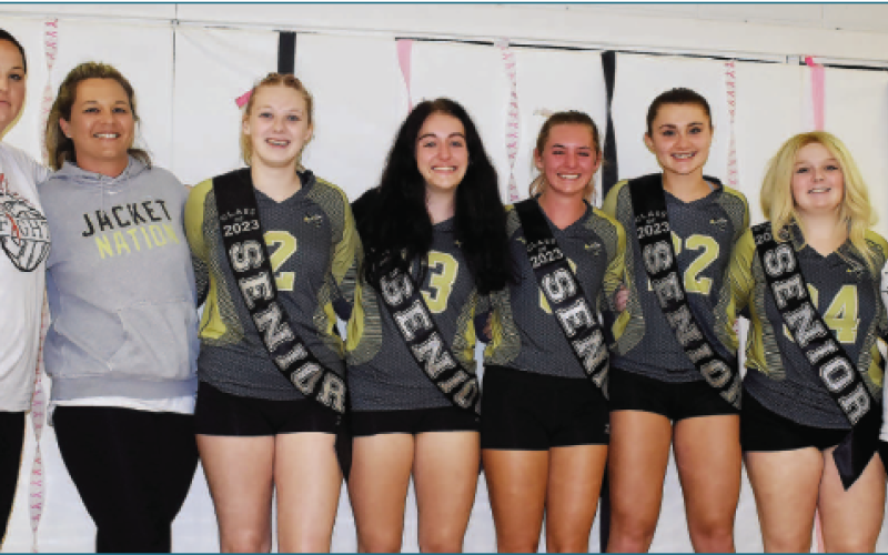 Gracie Taylor • Clay County Progress From left, Larkin Giddens, Julie Ledford, Trinity Frias, No. 2, Anneliese Schue, No. 13, Emma Shook,, No. 8, Katie Pierce, No. 22, Gracie Perry, No. 34, and Tammy Dills celebrate senior night