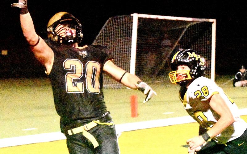 Gary Corsair • Clay County Progress Hayesville's Taylor McClure leaps for a pass in the corner of the end zone against Murphy. Unfortunately, the slightly overthrown pass fell incomplete.