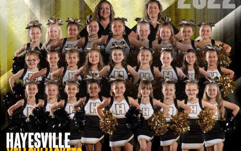The Hayesville Yellow Jacket Termite Cheerleaders are, from, front left, Indie Ruble, Hannah Parker, Gillian Gillis , Emma Rhodes, Ava Simonds, Aubree Knight, Avrie Gamble, Bayleigh Pendergrass and Bryleigh Nelson; second row, Madison Mann, Lillie Barrett, Lilian Clampett, Leah Dockery, Jocelyn Devore, Kaydence Ford, Karoline Suggs, Landry James and Layla Ledbetter; third row, Zoey Nicholson, Wyle Crossi, Vivi Acevedo, Skylan Stillwell , Natalie Parker, Paisley Thompson, Reese English, Ruby Garrett, and She