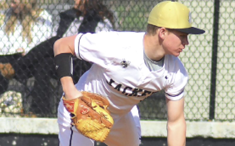 Gary Corsair • Clay County Progress Hayesville ace Braxton Cherry follows through as he delivers his heater to an Andrews batter. Cherry whiffed 6 in three innings of work.