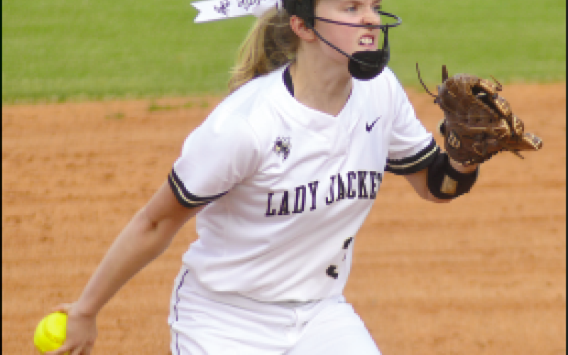 Gary Corsair • Clay County Progress Hayesville hurler Addie Bunch puts every ounce of herself into delivering a fastball against Hiwassee Dam