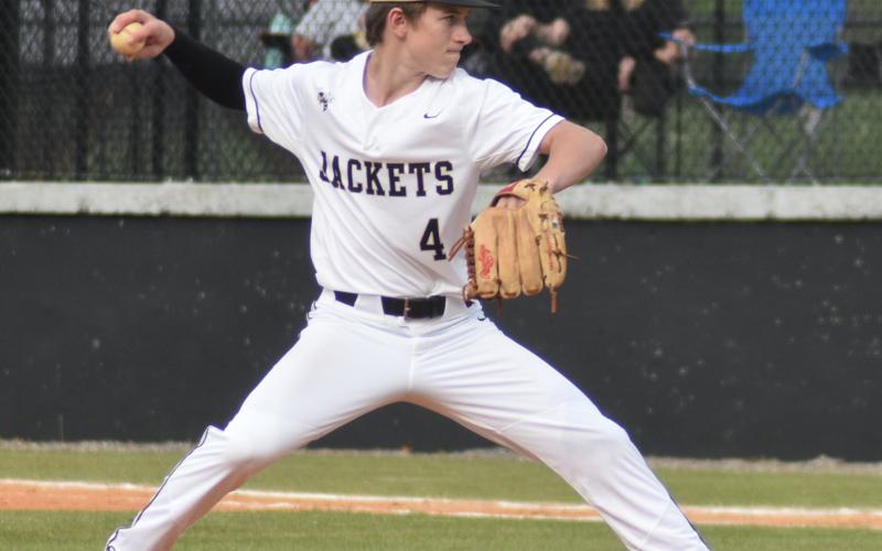 Gary Corsair • Clay County Progress Hayesville reliever Kendall Boyer delivers a strike as he extends his streak of scoreless innings to 8 against Cherokee.