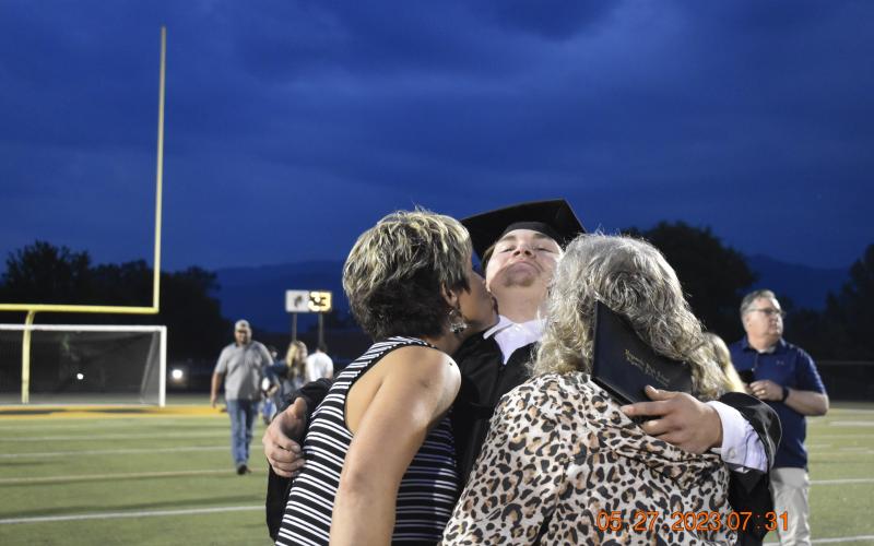 Midge Roach • Clay County Progress Sonya McCulloch and Patty Swanson congratulate their nephew, Dakota Hyatt.