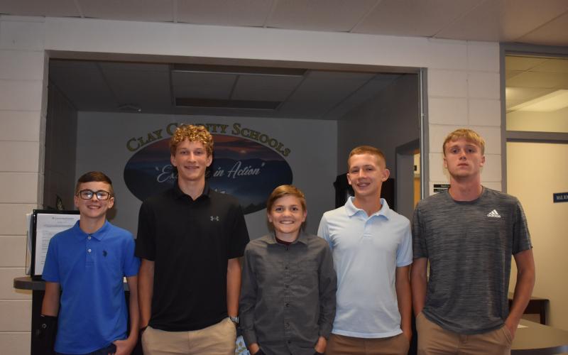 From left, Eli Cheeks, Jackson Dye, Parker Hughes, Micah Moss and Johan Webb broke four Hayesville Middle School records in the Smoky Mountain Conference Championship.