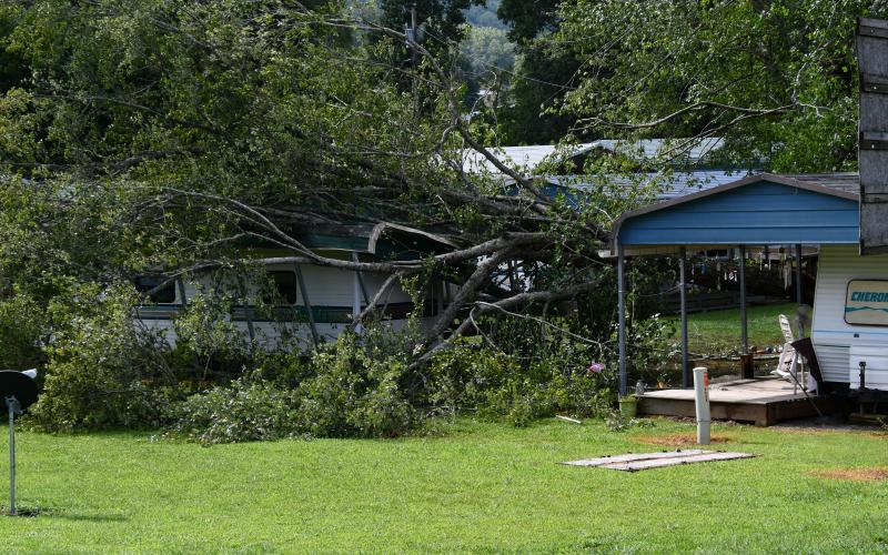 Joe Davenport • Photo A RV in Davenport Campground on U.S. 64 east suffered extensive damage from a large tree that fell during Monday's heavy winds. Fallen trees in the area also resulted in major power outages.