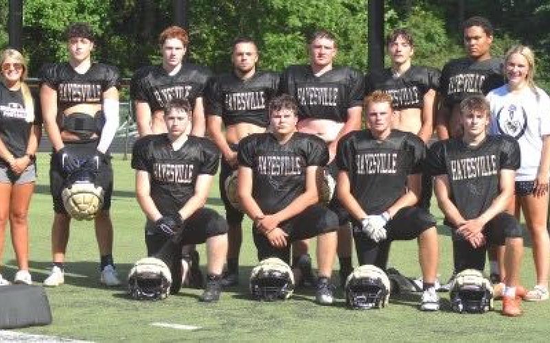 Gary Corsair. • Clay County Progress These 12 seniors will lead Hayesville into battle when the varsity football season begins Friday night at Towns County. Front, from left, Nathaniel Dockery, Lewis Rutledge, Maverick Imlay and Isaac Chandler; back, from left, Gracelynn Anderson, Taylor McClure, Ethan McGuffee, Seth Leek, Lane O’Dell, Jacob Jones, Dante Robinson and Chloe Leek.