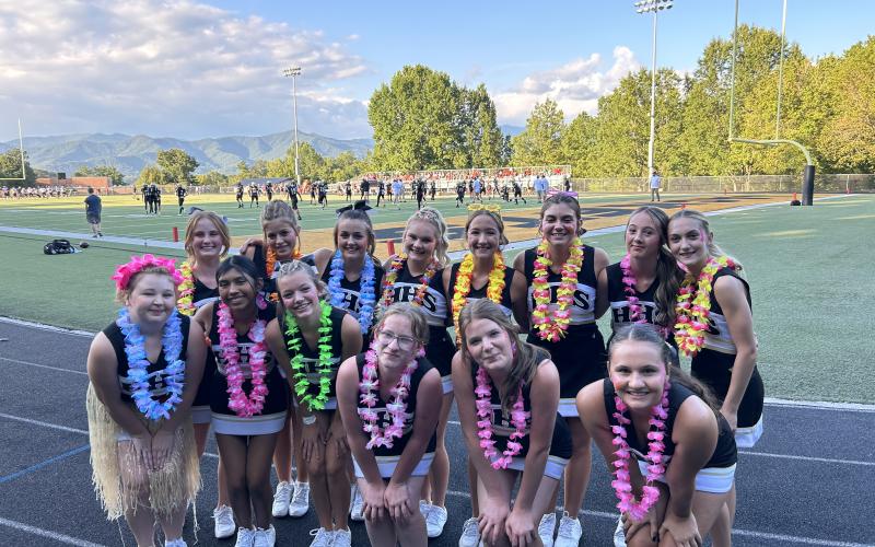 Hayesville varsity cheerleaders, front from left, Delaney English, Paula Huerta, Katelynn Smith, Olivia, Ware, Madison McGuffee and Aleena Chastain.Back row from left: Lexi Coffey, Angelina, Simonds, Kyleigh Upegui, Madison Sullivan, Layla Parker, Caydence Sims,  Olivia Free and Alexia Fields celebrate their first home game.