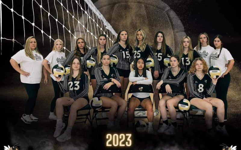 Varsity Volleyball team members are, from front, left, Maddie Graves, Bryleigh Krieger, Phoebe Pietila, Olivia Gidden and Brittany Jack: back, Coach Tammy Dills, Manager Daylyn Murray,Lily Trout, Ava Shook, Mallory Peck, Ella Matheson, Madison Moore, Raylyn Taylor, Managers Addison Sorrells and Paylyn Denton.