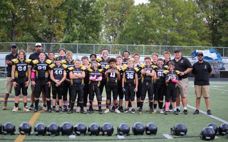 Gracie Taylor • Clay County Progress Midget Youth Football Team are, front, from left, Luke Dockery, Joshua Berrong, Hunter Hill, Bentley Everette, Eli Graves, Brock Garrett, Archie Galloway and Camden Finn; middle, Caden McClure, Dustin Lockaby, Aden Anderson, Ethan Beachum, Chance Floyd, E.J. Hughes, Luke Buckner and Stephen Sommer; back, Elijah Eller, Hayden Lewis, Karson Hughes and Brycen Denton. Not in picture due to injury during game is Peyton Cordell.