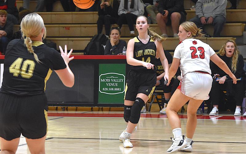 Gary Corsair • Clay County Progress Briley Clampitt, No. 14, rotates the ball to Brooke Graves, No. 40, as Hayesville looks for a way to attack Franklin's defense.