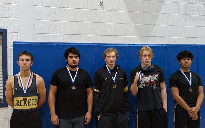 Competing at the King of the Mountain tournament are, from left, Robert Manning, third place; Reyland Martinez, first place; Andrew Reynolds, first place; Caden Gordon second place and Raul Rivera-Prieto, third place.