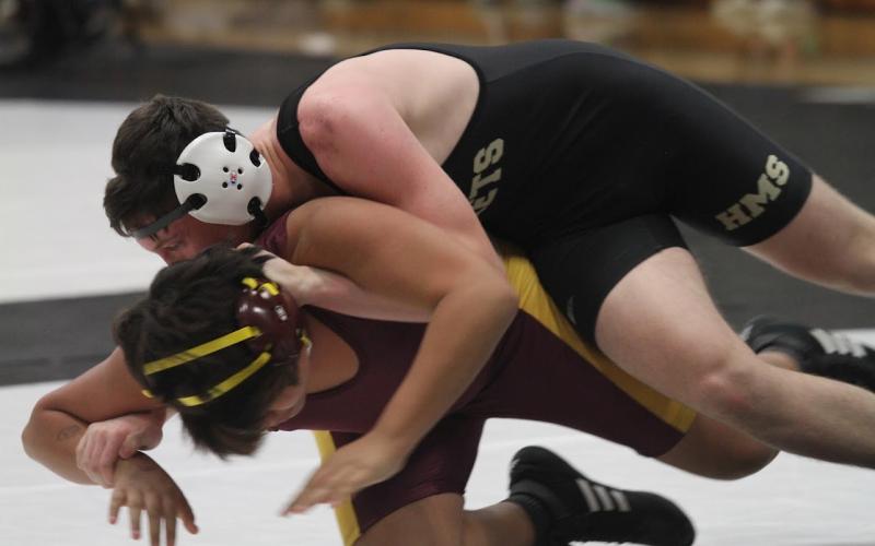 Brett Hanna breaking down his Cherokee opponent at the Robbinsville competition.