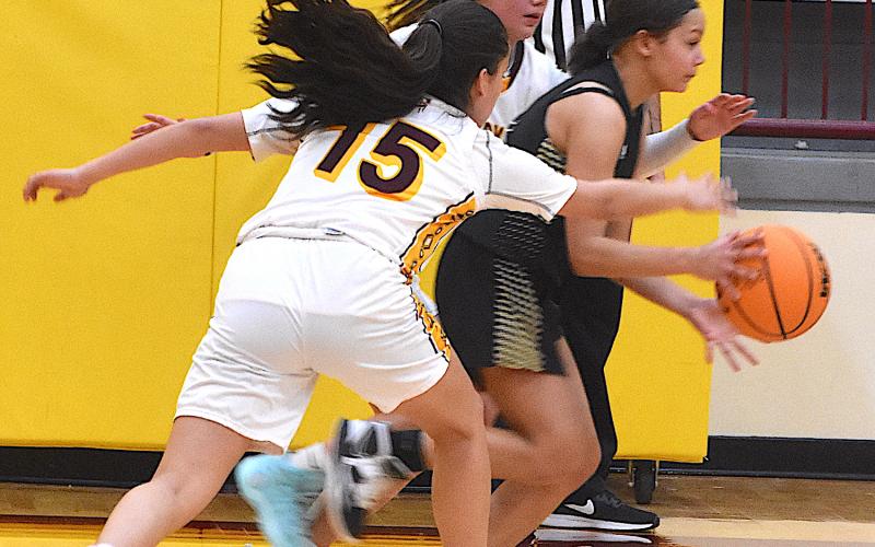 Gary Corsair• Clay County Progress JV Lady Jacket Kadence Morrow splits Cherokee defenders on the way to a baseline basket.