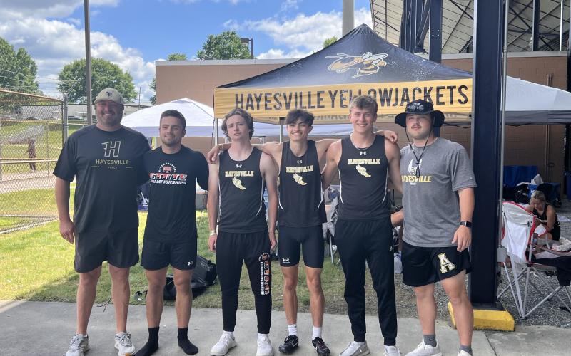 Coach Hensley, Seth Leek, Kenyon Rogers, Ellio Murillo, Isaac Chandler, Blake McClure at the 1A State Championship Track Meet.