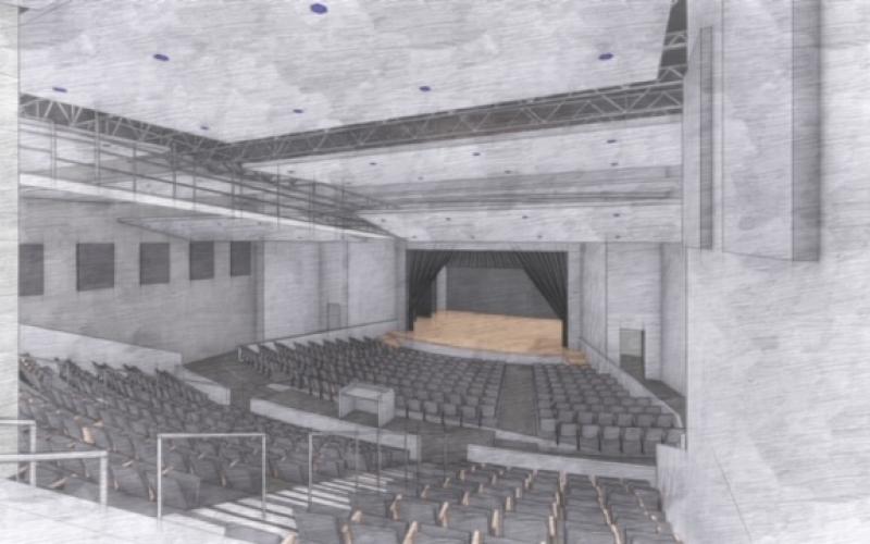 Architectural images of the new auditorium show elevated seating.
