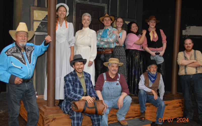 Actors, from, front left, Joe Ard, Harrison Keely, David Layfield, Joe Zang and Cameron LeJeune; back, Teresa Lemaire, Patty Carreau, Mikey Lindsey, Hope Ledford, Carli LeJeune and Alex Giles take a break during rehearsal to smile for the camera.