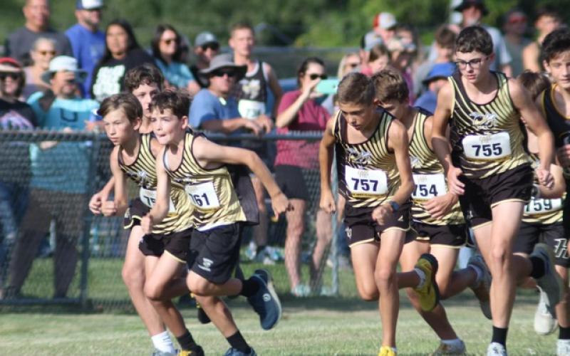 And their off, Hayesville Middle School boys at the beginning of the cross country run at home finishing in 2nd place.