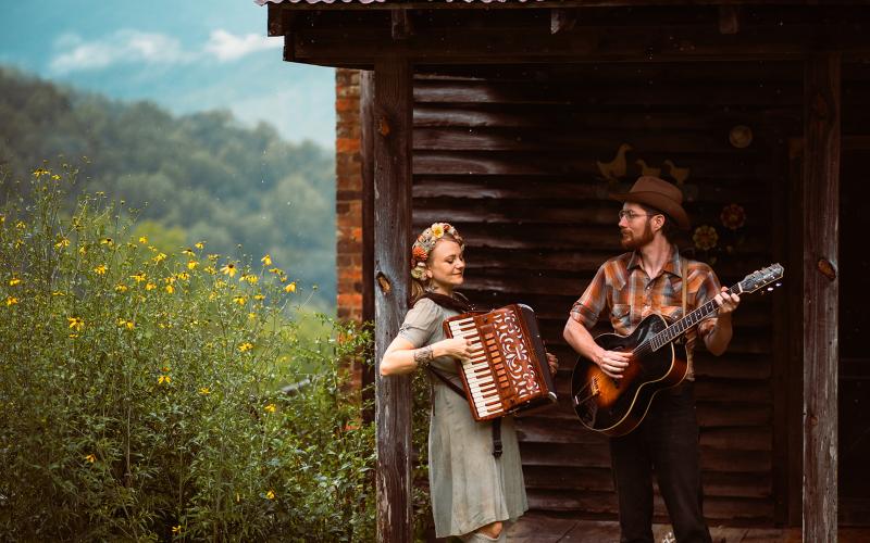 The Resonant Rogues will entertain at 7 p.m. Monday, Aug. 26, in Festival Barn at J.C. Campbell Folkschool. Pictured are Sparrow Smith on accordion and Keith Smith on guitar.
