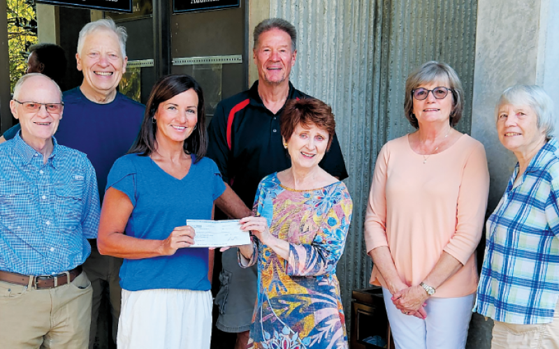 Photo-Lily Ponitz CCCRA members donating for improvement on the Peacock Theatre are, from left, CCCRA’s Doug Canup, Rob Tiger and Amanda Wagoner and from the Peacock PAC’s Bill Battle, Laurel Adams, Gail Criss and Sandy Benson.