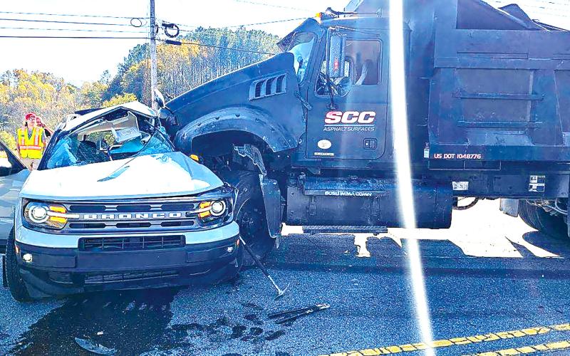 Photo by Joe Davenport Curtis Lesley was driving this 2022 Ford Bronco when it was struck by a loaded commercial dump truck carrying asphalt. Lesley did not survive the accident.
