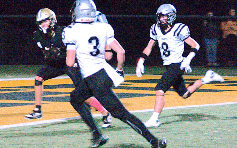 Gary Corsair • Clay County Progress Ben Bethel, No. 1, crosses the goal line with Hayesville's only touchdown in a 28-6 loss to Robbinsville. Bethel had 5 receptions for 77 yards.