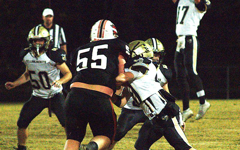 Gary Corsair • Clay County Progress The Yellow Jackets playoff hopes may hinge on the play of Hayesville linemen, including Patrick Denton, No. 50, Kasen Chastain, No. 55, and blocking by special teams members like Landon Cheeks, No. 40, shown providing protection for punter Johan Webb, No. 17, against Andrews.