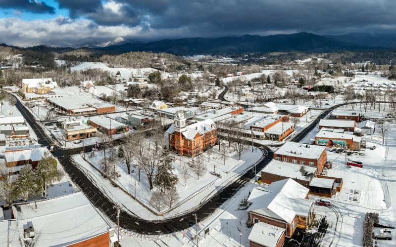 Local photographer Ron Wallace captured a beautiful shot of the town of Hayesville via drone. The courthouse center and outlying areas are virtually empty thanks to Friday’s snowfall.