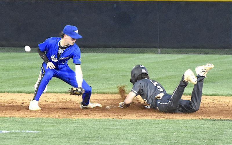 Gary Corsair • Clay County Progress Hayesville's Ben Bethel steals second base as the baseball eludes Smoky Mountain's shortstop.