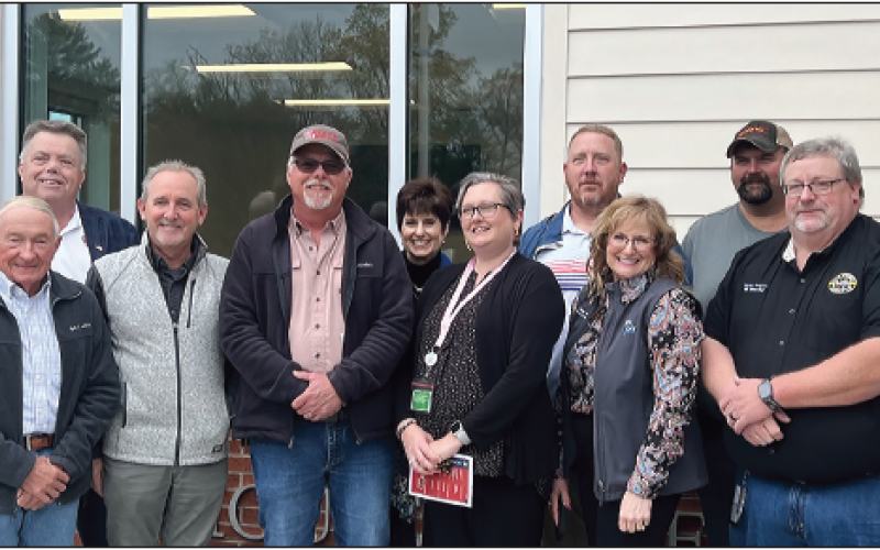 Maggie Carnevale photo State and local officials along with those who were instrumental in the design, construction and opening of Clay County’s new 911 center gather during a celebration on Friday, April 11. They are,  from left, Commissioner Clay Logan, Charles West (contractor- Wells and West), Commissioner Scott Penland, Scott Donald (LS3P Architect and Design of 911), Kelly Luther (Wells and West Superintendent), Teena Piccione ( NC Secretary of Information Technology and 911 Board Chair) Stephanie Con