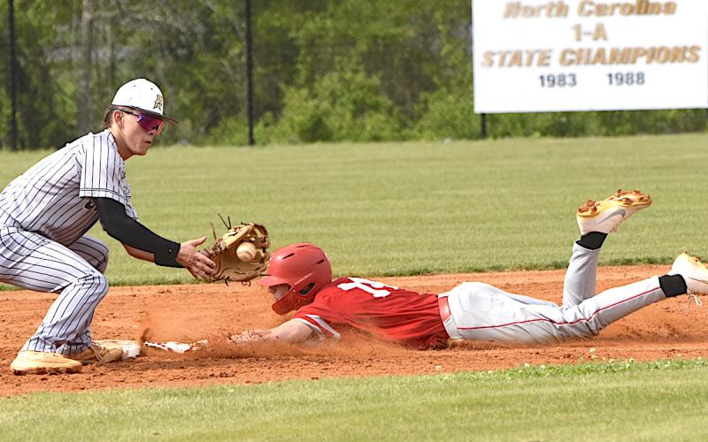Gary Corsair • Clay County Progress Hayesville second baseman Michael Mauney applies the tag on a stolen base attempt by Franklin.