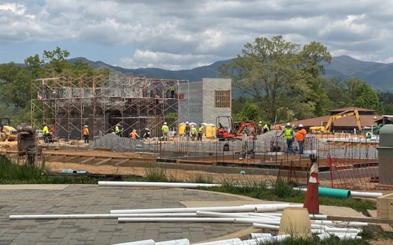 Melissa Godfrey • Photo Work continues on the new Hayesville Intermediate School. A concrete elevator shaft and scaffolds for vertical work were visible in April.