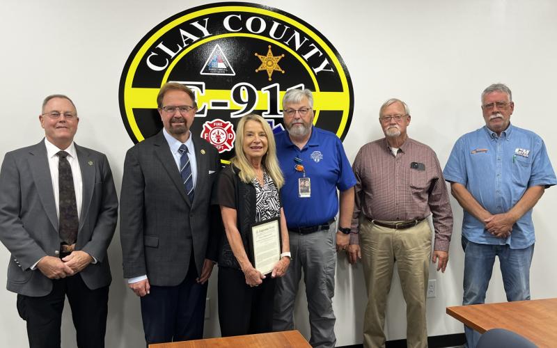 Deby Jo Ferguson • Clay County Progress  Sheriff Mark Buchanan, U.S. Rep. Chuck Edwards, County Manager Debbie Mauney, EMS Coordinator Jeff Ledford, County Commissioners Clay Logan and Dwight Penland.
