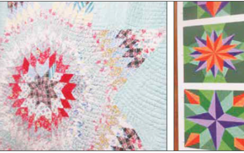 A 1940’s star quilt on loan from the Adkins’ family is displayed next to a 1 x 3 foot Barn Quilt design in the HHI Centennial Exhibit.