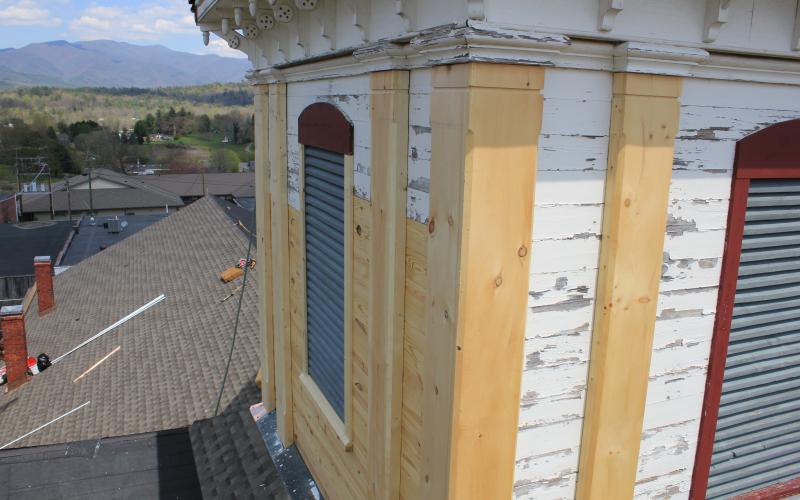 The tower on The Beal Center, formerly Clay County's Courthouse may be seen from several places around Hayesville. Bob Hanson, of the Courthouse Restoration Committee, explained, "The gray on the tower house is new because that color was revealed under the layers of paint that were removed. We tried to make the historical restoration as best we could to be historically accurate.