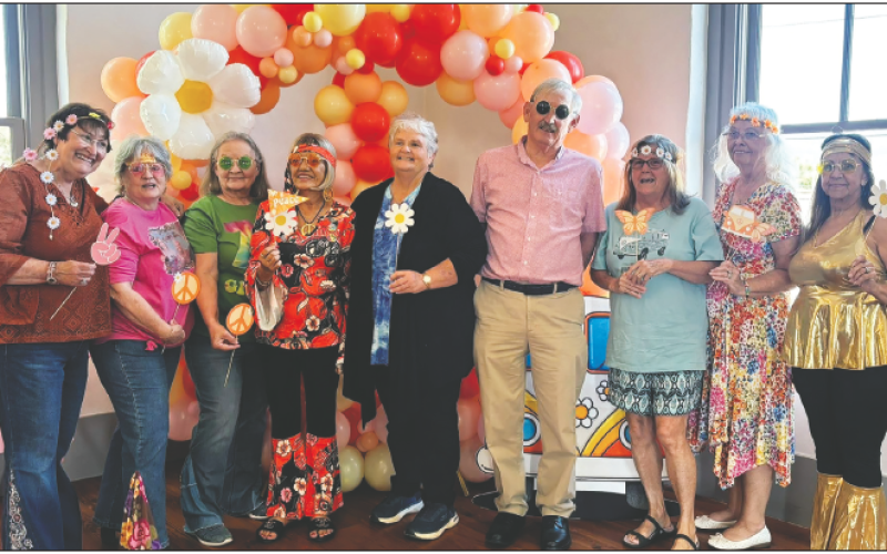 Sonja Silvers enjoyed a surprise 70th birthday party at the Beal Center on Sunday, Sept. 6. The event was hosted by her family who chose a 70’s theme for the newly minted 70 year-old. In addition, Silvers’ friends who also turned 70 this year gathered for a photo in their themed attire in front of a balloon peace sign. They are, from left, Dinah Davis, Jeanie Madison, Ramona Shook, Sonja Silvers, Nancy Cody, Donnie Martin, Joyce Patterson, Marlene Revis and Debbie Davis. Silvers and family tapped into the“S