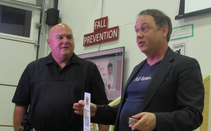 Lorraine Bennett • Clay County Progress From left, Chief Deputy Todd Wingate and Virtual Storefront founder Tobin Brogunier address the Disaster Preparedness Workshop.