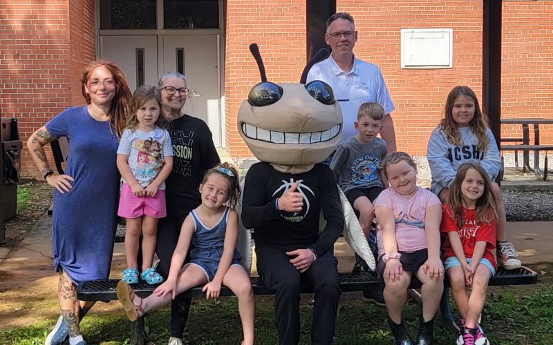 Front, from left, Everly White, Low Jack-Billy Lynch, LeeAnn Davis and Abigail Scerri; back, Ryshell Lynch, Harbour Clonts, Sara King, Stacey Overlin, Holden Clonts and Eleanor Scerri celebrate the presentation of Low Jack to Hayesville High School.
