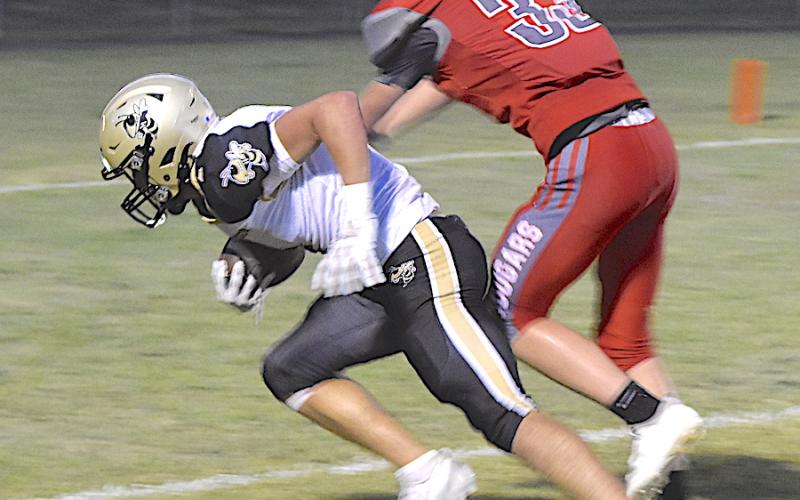 Gary Corsair • Clay County Progress Hayesville's Ben Bethel, No. 4, lunges for the end zone after grabbing a pass from Lance Coker.
