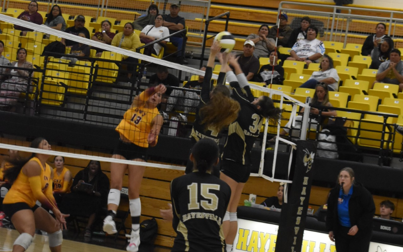 Callie Long • Clay County Progress Graesyn Williamson, No. 15, spikes the ball forcefully in attempt to score a point.