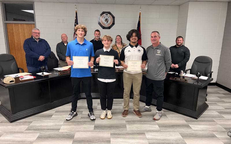 Angel Owens • Photo Clay County Schools Board of Education recognized Men's Soccer Team Captains, from left, Hayden Hunt, Jackson Dye, Raul Rivera-Prieto and Men's Soccer Coach Matthew Dye.