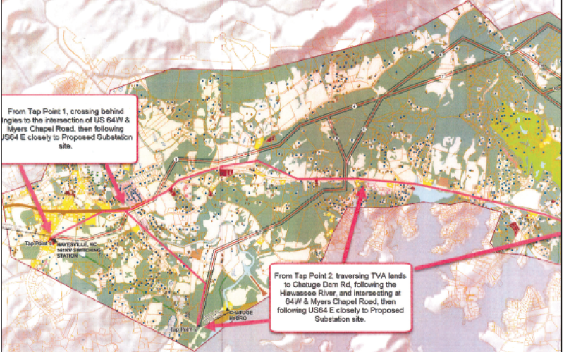 This alternate routing map for the TVA’s proposed Shotting Creek Transmission Project shows two different alternatives  for TVA to consider.