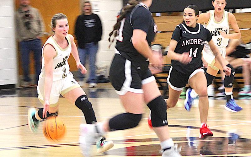 Neal Wacob • Clay County Progress Ava Shook, No. 2, and Lucy Trout, No. 3, turn on their jets during a Lady Jackets fast break against Andrews.