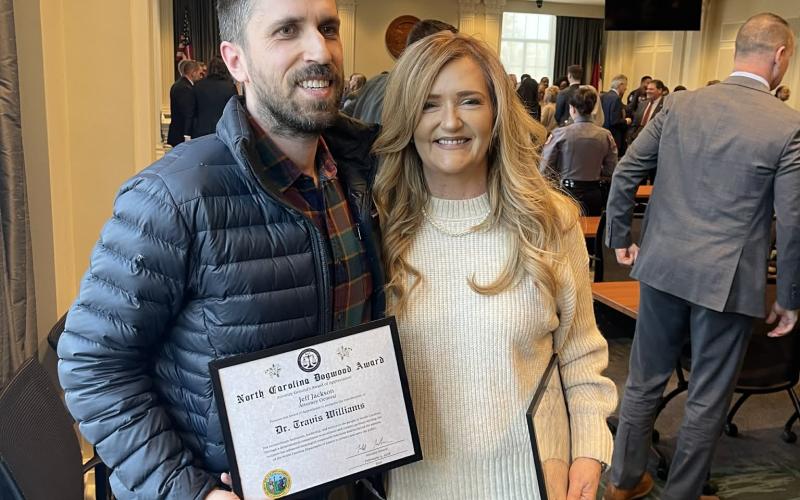 Photo submitted Clay County residents, Dr. Travis Williams and Rock Bottom Recovery and Support founder Stacie Ledford, received the North Carolina Attorney General's Dogwood Award for their exemplary work in western North Carolina opioid recovery work.
