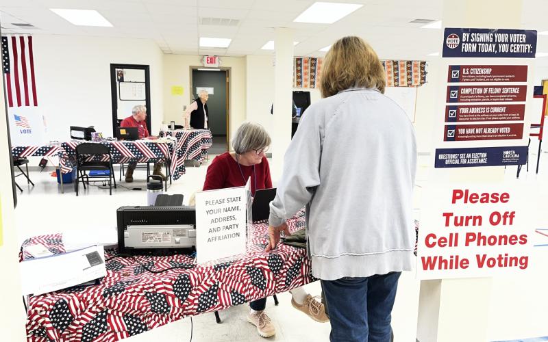 Deby Jo Ferguson • Clay County Progress Election worker Dr. Gail Criss signs in an  early voter Tuesday at the Clay County Board of Elections.