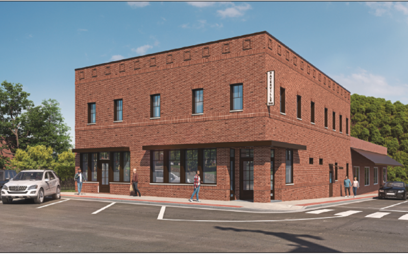 Photos courtesy of CCCRA A corner view rendition of the new business at 12 Herbert Street shows the lobby and retail space entrances from the sidewalk. There will be six rooms upstairs and one downstairs for lodging.